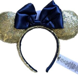 Disney Ears!! Blue Satin Bow w/Gold Sequin Ears and Headband.